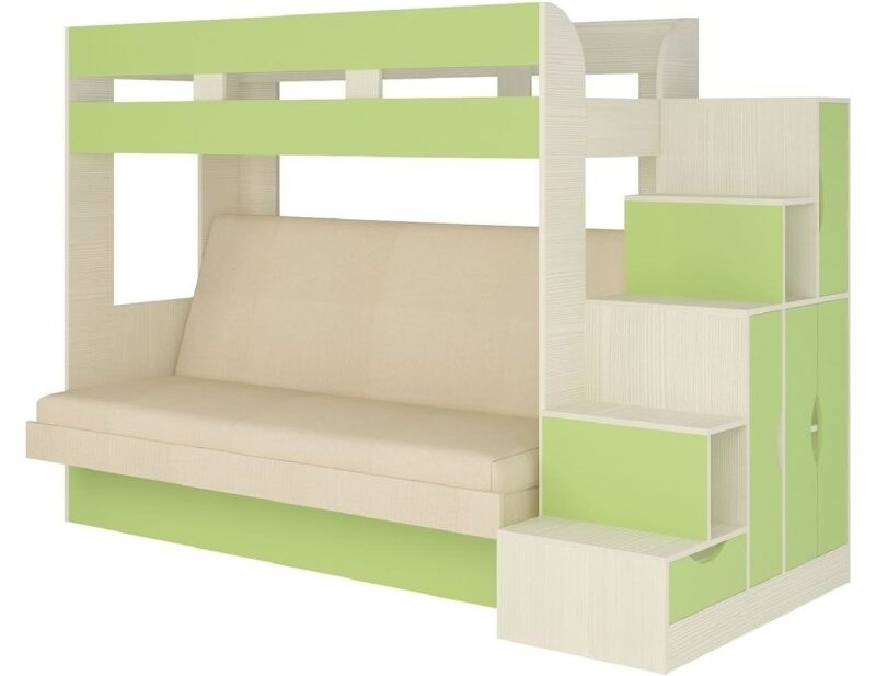 Карамель 75-01 Кровать-чердак Зеленый / Бодега светлый / Велюр Кремовый